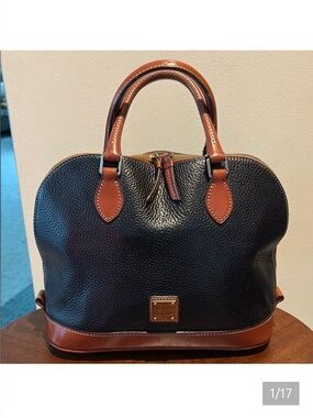 Dooney Bourke   Dome top satchel pebble, leather black/cinnamon, brown  trim EUC